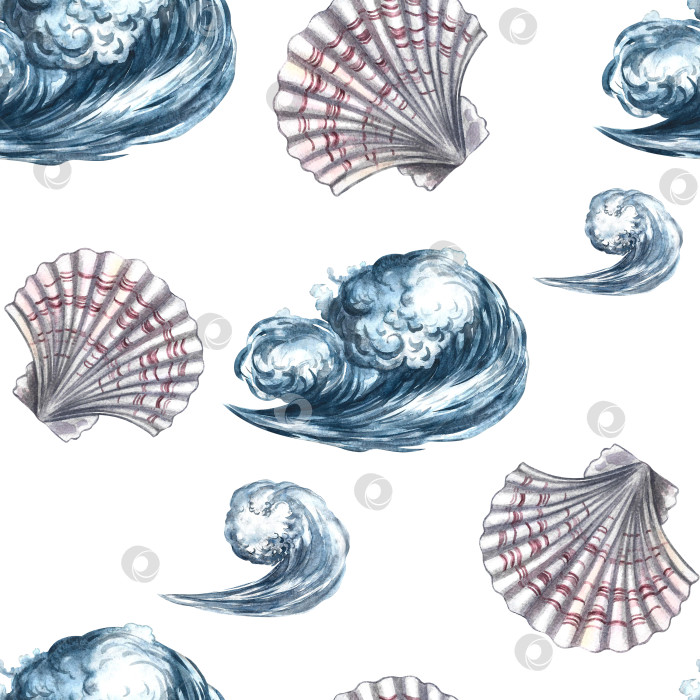 Скачать Бесшовный узор с морскими волнами и гребешками. Акварельные иллюстрации ручной работы. Красочные изображения. Для текстиля и открыток, плакатов и баннеров, упаковки и многого другого фотосток Ozero