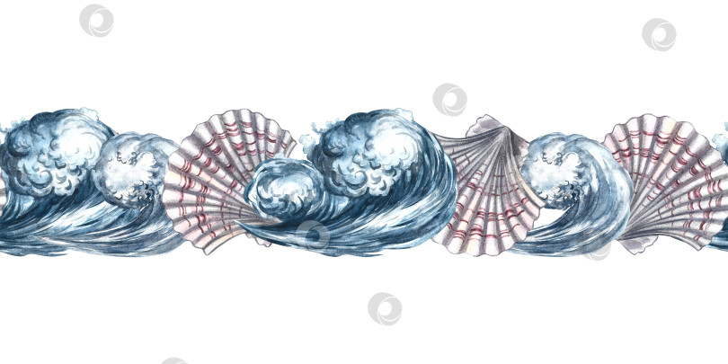 Скачать Бесшовный бордюр с морскими волнами и гребешками. Акварельные иллюстрации ручной работы. Красочные изображения. Для текстиля и открыток, плакатов и баннеров, упаковки и многого другого. фотосток Ozero