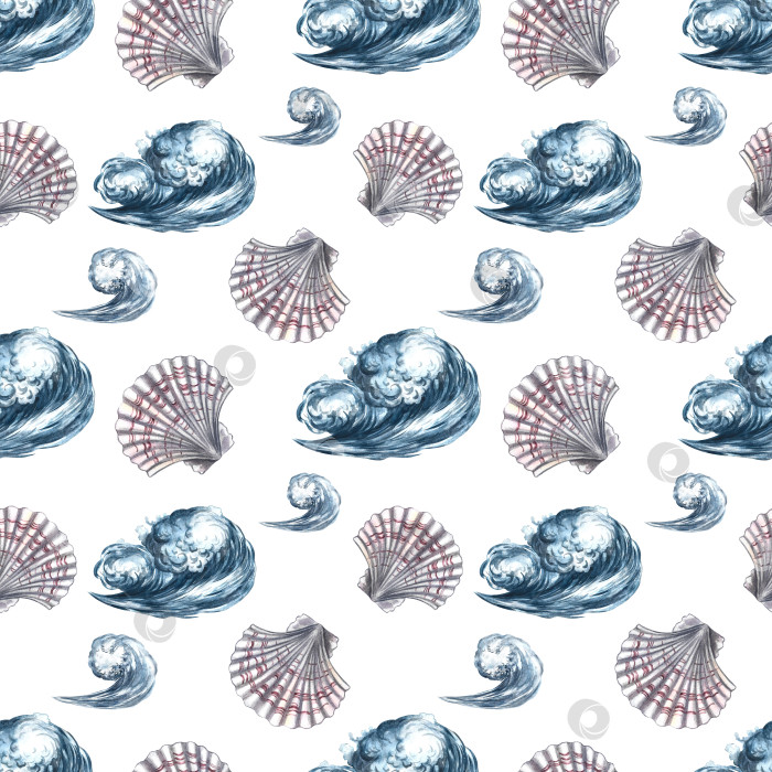 Скачать Бесшовный узор с морскими волнами и гребешками. Акварельные иллюстрации ручной работы. Красочные изображения. Для текстиля и открыток, плакатов и баннеров, упаковки и многого другого фотосток Ozero