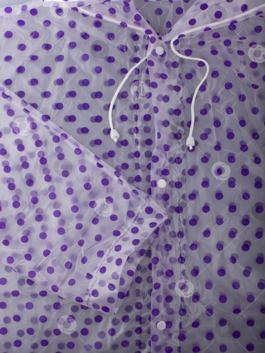 Скачать Белые завязки, пуговицы и рукав прозрачного фиолетового плаща в горошек крупным планом фотосток Ozero