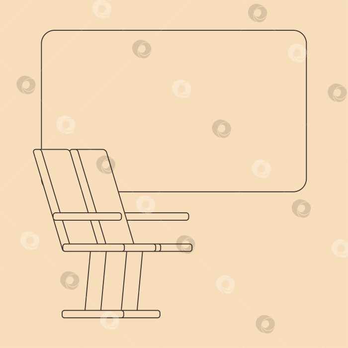 Скачать Векторная изолированная иллюстрация с двумя сиденьями в вагоне поезда возле большого окна. Бежевый фон и черный контур. Сцена-иконка о приключениях поездки, комфортном путешествии в общественном транспорте фотосток Ozero