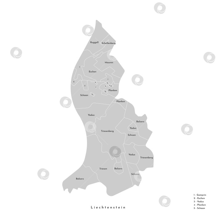 Скачать Векторная изолированная иллюстрация. Упрощенная административная карта Лихтенштейна. На сером фоне изображены очертания муниципалитетов. фотосток Ozero
