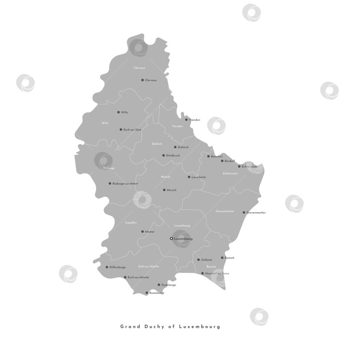 Скачать Векторная изолированная иллюстрация. Упрощенная административная карта Люксембурга с названиями городов и регионов. Белый фон, серая форма карты фотосток Ozero