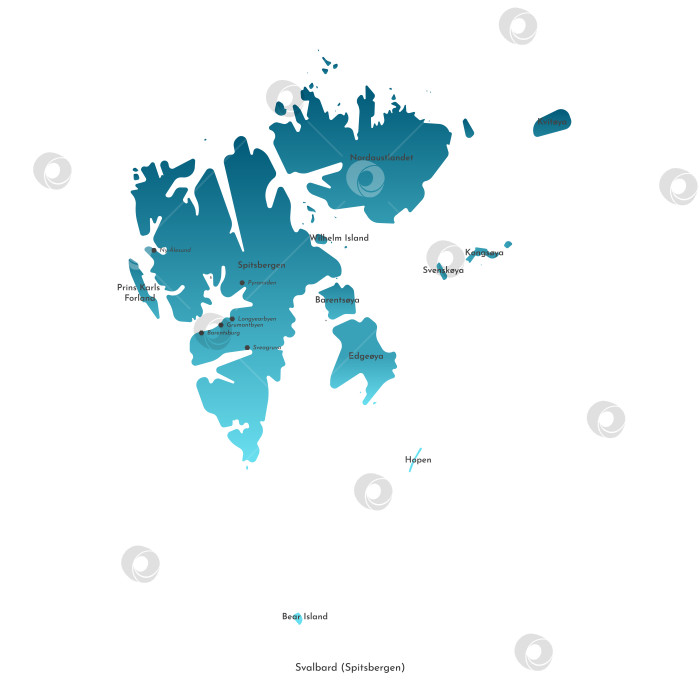 Скачать Современная векторная иллюстрация. Упрощенная административная карта Шпицбергена. Названия городов и основных островов Норвежского архипелага фотосток Ozero