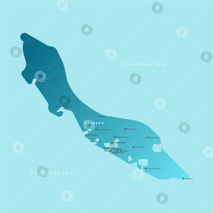 Скачать Современная векторная иллюстрация. Упрощенная административная карта Кюрасао. Синий фон Карибского моря. Названия городов фотосток Ozero