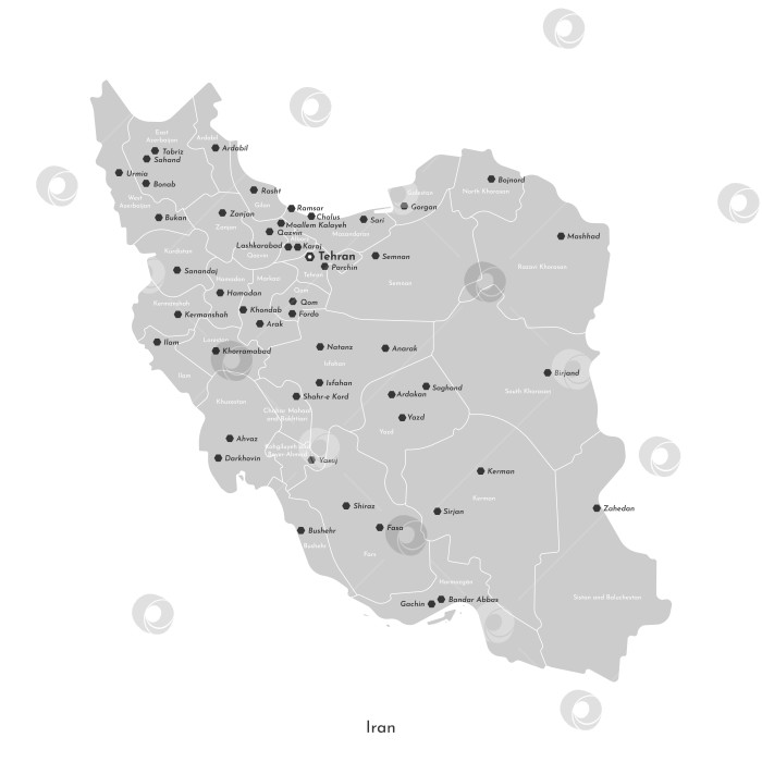 Скачать Векторная изолированная иллюстрация упрощенной административной карты Ирана. Границы и названия провинций, регионов, крупных городов с ядерными объектами. Серые силуэты. Белый контур. фотосток Ozero