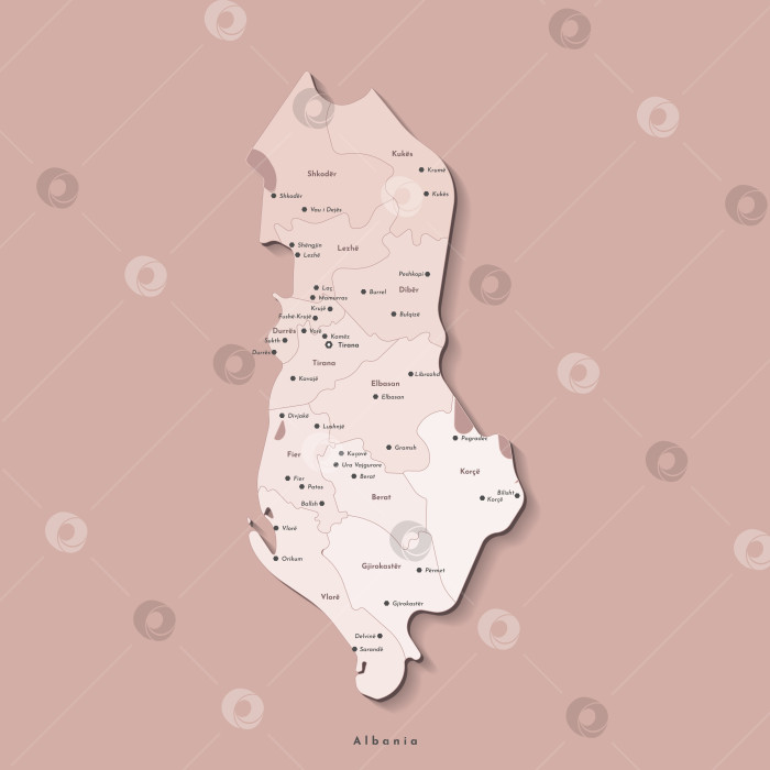 Скачать Векторная изолированная иллюстрация на коричневом фоне. Упрощенная административная карта Албании. Границы префектур в бежевых тонах. Названия городов и округов фотосток Ozero