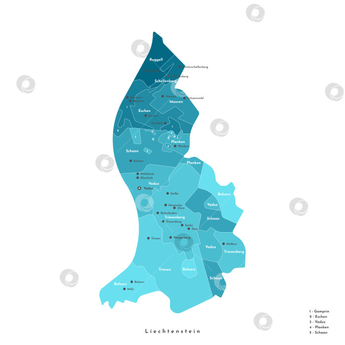 Скачать Векторная изолированная иллюстрация. Упрощенная административная карта Лихтенштейна. На синем фоне изображены очертания муниципалитетов. Названия городов и деревень фотосток Ozero