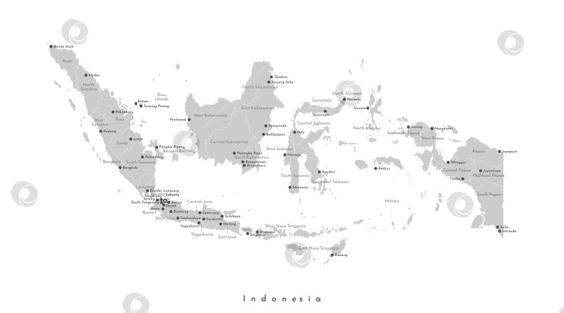 Скачать Векторная изолированная иллюстрация упрощенной административной карты Индонезии. Границы и названия провинций, названия крупных городов. Серые очертания островов фотосток Ozero