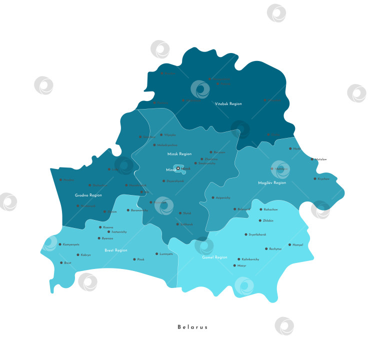 Скачать Векторная изолированная иллюстрация. Упрощенная административная карта Беларуси. Синие очертания регионов. Названия городов и областей фотосток Ozero