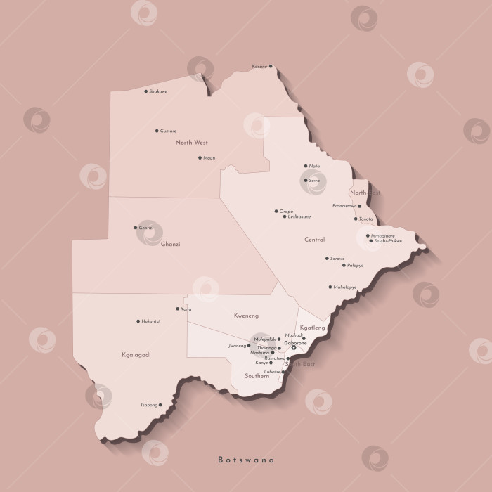 Скачать Векторная современная изолированная иллюстрация. Упрощенная административная карта Ботсваны в бежевых тонах. Названия крупных городов и районов, областей. Коричневый фон. фотосток Ozero