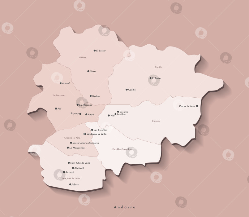 Скачать Векторная изолированная иллюстрация. Упрощенная административная карта Андорры. Бежевые очертания регионов. Названия крупных городов и тористических деревень в Андорре. Коричневый фон фотосток Ozero