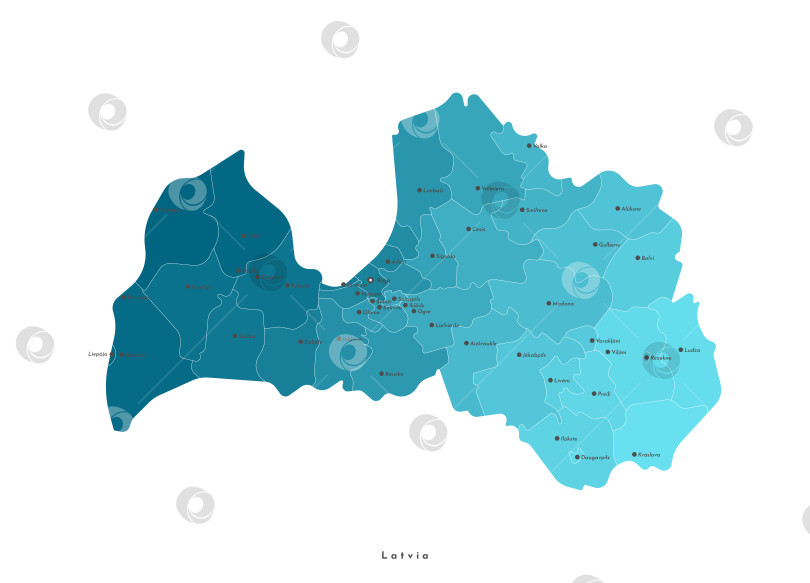 Скачать Векторная изолированная иллюстрация. Упрощенная административная карта Латвии. Белый фон. Названия городов и границы муниципалитетов фотосток Ozero