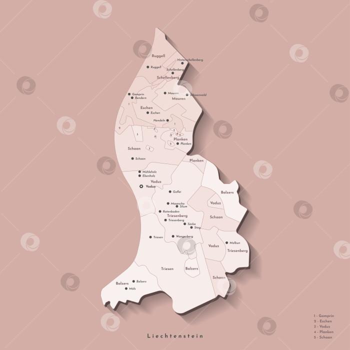 Скачать Векторная изолированная иллюстрация. Упрощенная административная карта Лихтенштейна. Бежевый фон с очертаниями муниципалитетов на коричневом фоне. Названия городов и деревень фотосток Ozero