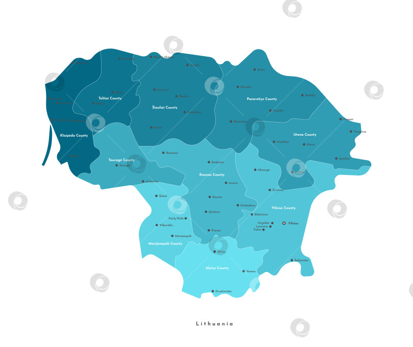 Скачать Векторная изолированная иллюстрация. Упрощенная административная карта Литвы. Синие очертания регионов. Названия городов и уездов фотосток Ozero