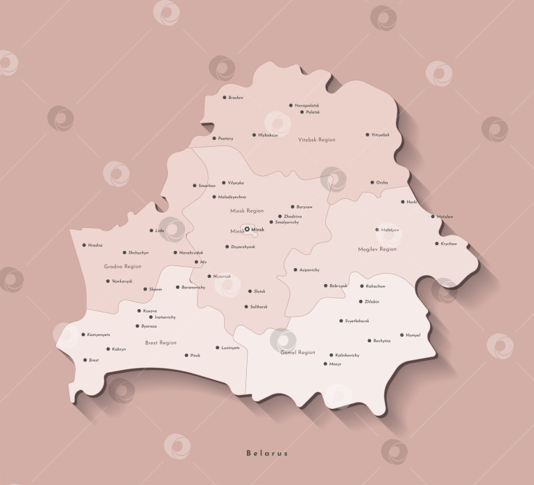 Скачать Современная векторная иллюстрация. Упрощенная административная карта Беларуси. Бежевые очертания регионов на коричневом фоне. Названия городов и областей фотосток Ozero