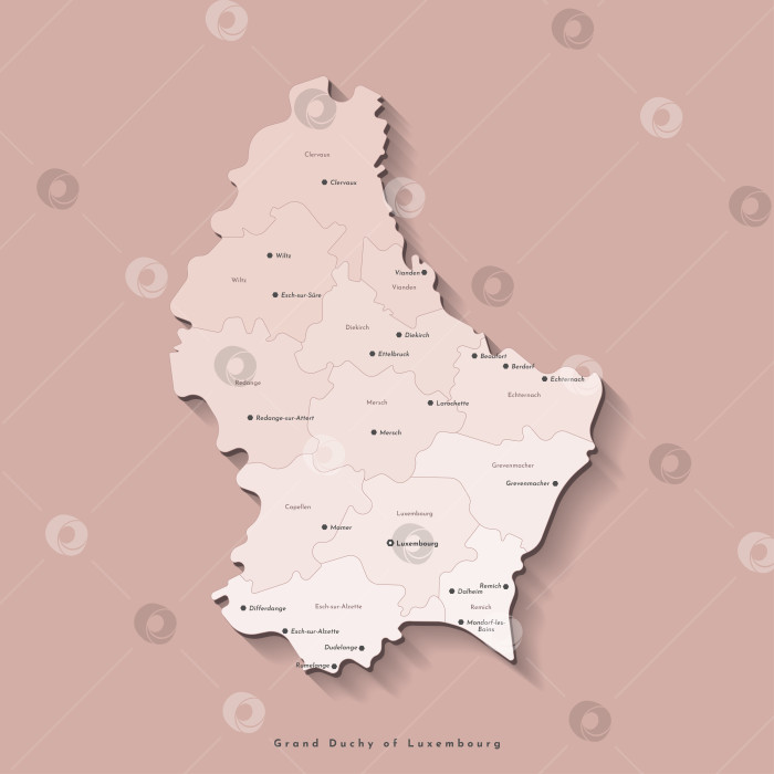 Скачать Векторная изолированная иллюстрация. Упрощенная административная карта Люксембурга с названиями городов и регионов. Коричневый фон, бежевая форма карты фотосток Ozero