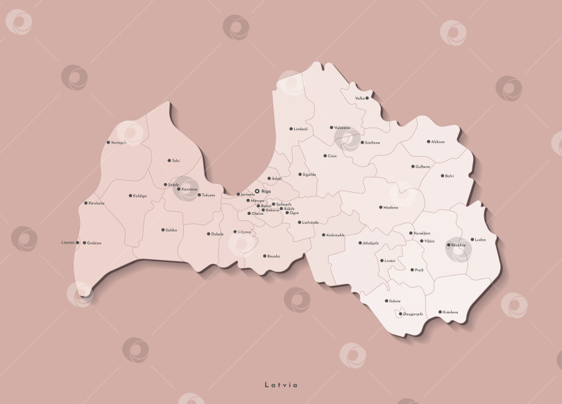 Скачать Векторная изолированная иллюстрация. Упрощенная административная карта Латвии в бежевых тонах. Коричневый фон. Названия городов и границы муниципалитетов фотосток Ozero