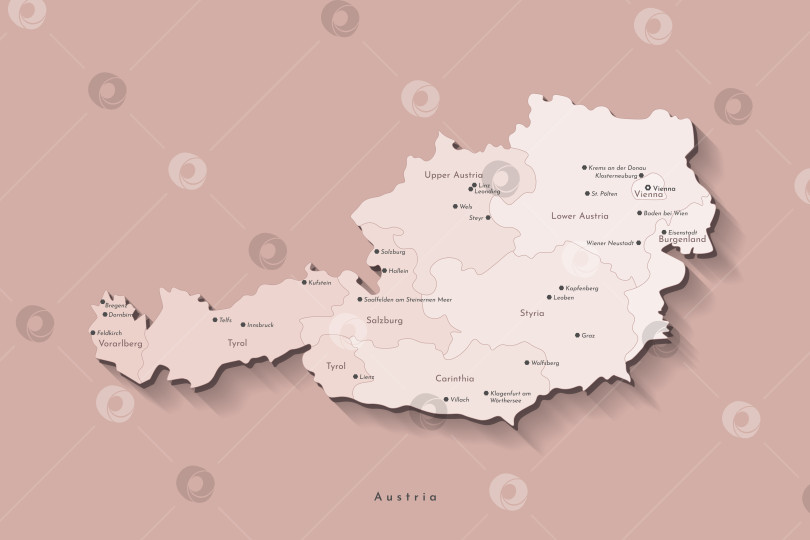 Скачать Векторная изолированная иллюстрация. Упрощенная административная карта Австрии в бежевых тонах. Коричневый фон и контуры. Названия австрийских городов и штатов. фотосток Ozero