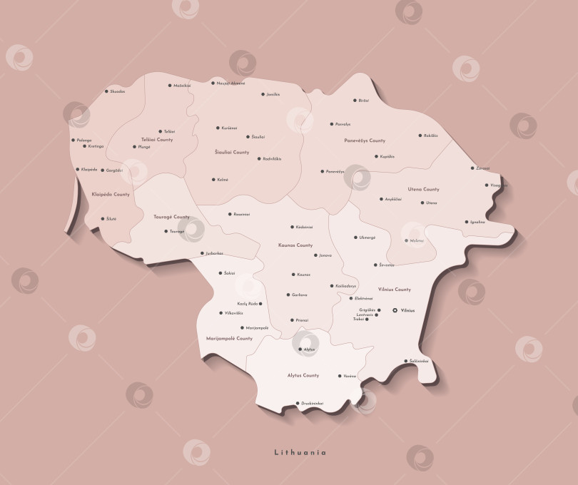 Скачать Векторная изолированная иллюстрация. Упрощенная административная карта Литвы. Бежевые очертания регионов. Названия городов и уездов. Коричневый фон фотосток Ozero