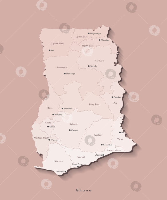 Скачать Векторная изолированная иллюстрация. Упрощенная административная карта Ганы в бежевых тонах. Коричневый фон. Названия регионов и столиц Ганы фотосток Ozero