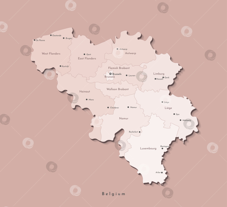 Скачать Современная векторная иллюстрация. Упрощенная географическая карта Бельгии в бежевых тонах. Коричневый фон. Названия бельгийских городов и провинций. фотосток Ozero