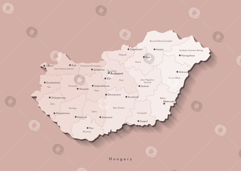 Скачать Векторная изолированная иллюстрация. Упрощенная административная карта Венгрии в бежевых тонах. Названия венгерских городов и округов. Коричневый фон фотосток Ozero