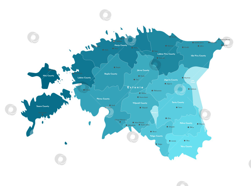 Скачать Современная векторная иллюстрация. Упрощенная административная карта Эстонии. Белый фон и синие силуэты регионов. Названия основных городов и уездов. фотосток Ozero