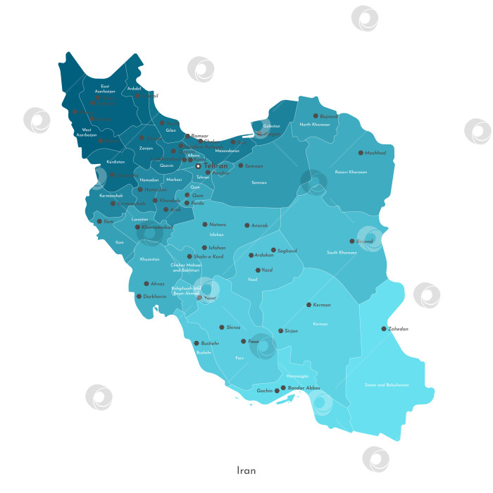 Скачать Векторная изолированная иллюстрация упрощенной административной карты Ирана. Границы и названия провинций, регионов, крупных городов и поселков с ядерными объектами. Синие силуэты. Белый контур. фотосток Ozero