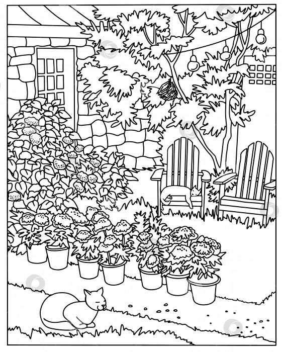 Скачать Книжка-раскраска. Иллюстрация для раскрашивания садовыми цветами. Художественная линия. Арт-терапия. Черно-белый векторный фон. фотосток Ozero