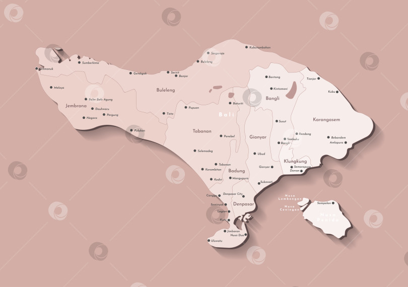 Скачать Векторная изолированная иллюстрация. Упрощенная бежевая административная карта острова Бали, Индонезия, с ближайшим островом Нуса Пенида. Коричневый фон. Названия городов, деревень и регентств фотосток Ozero