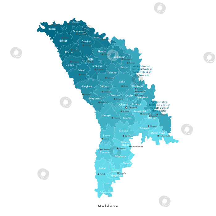 Скачать Векторная изолированная иллюстрация. Упрощенная синяя административная карта Молдовы. Названия столицы, городов и районов. Белый фон фотосток Ozero