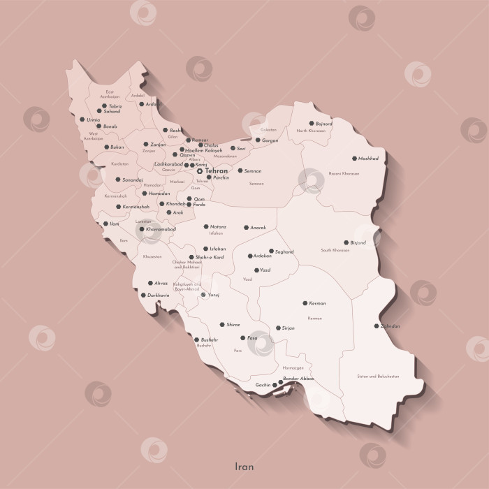 Скачать Векторная изолированная иллюстрация упрощенной административной карты Ирана. Границы и названия провинций, регионов, крупных городов и поселков с ядерными объектами. Бежевые силуэты. Коричневый фон фотосток Ozero