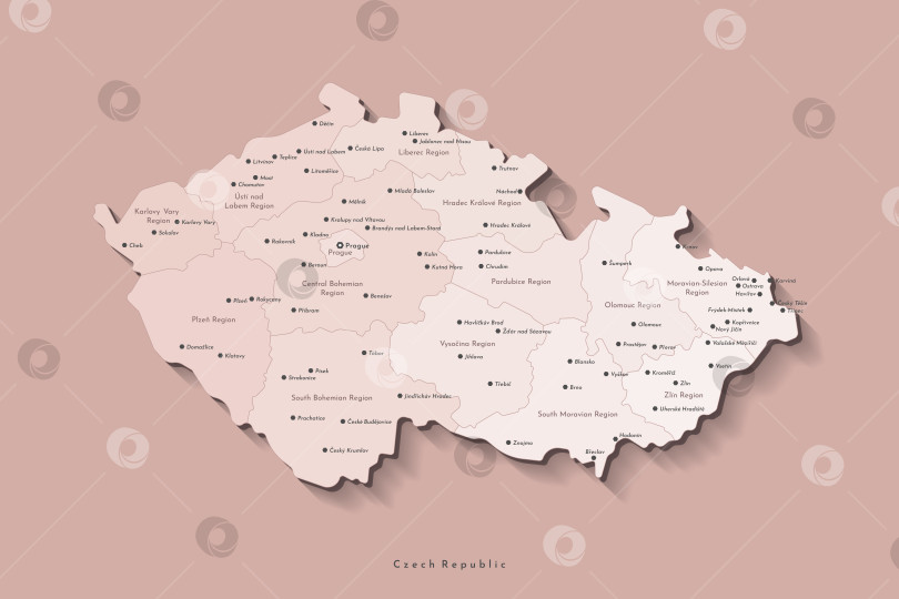 Скачать Векторная современная изолированная иллюстрация. Упрощенная административная карта Чехии в бежевых тонах. Названия столицы, крупных городов и регионов. Коричневый фон фотосток Ozero