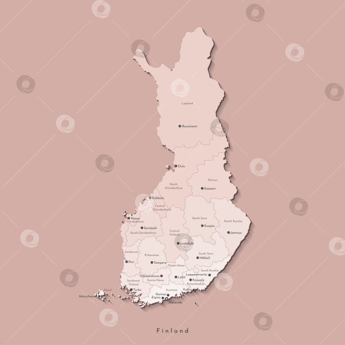 Скачать Векторная изолированная иллюстрация. Упрощенная административная карта Финляндии. Названия крупных финских городов и регионов. Бежевые цвета. Коричневый фон фотосток Ozero