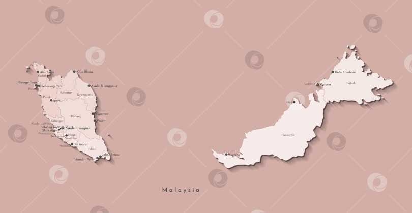 Скачать Векторная изолированная иллюстрация. Бежевая упрощенная административная карта Малайзии. Схема с очертаниями регионов. Названия крупных городов и штатов Малайзии. Коричневый фон фотосток Ozero