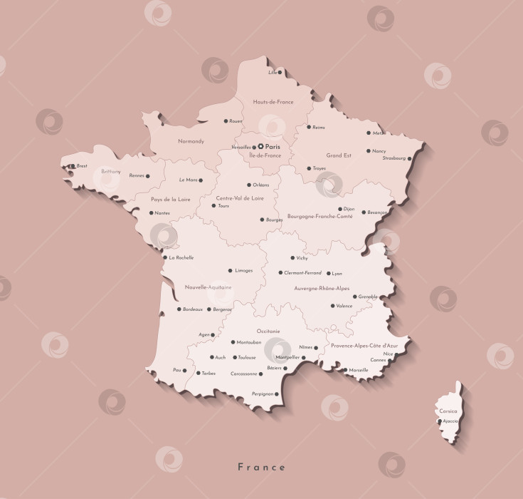 Скачать Векторная изолированная современная иллюстрация. Упрощенная географическая карта Франции, материковый регион. Бежевая форма, коричневый фон. Названия крупных французских городов и регионов. фотосток Ozero