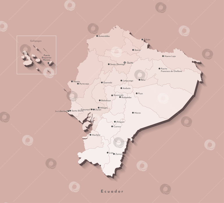 Скачать Векторная изолированная иллюстрация. Упрощенная административная карта Эквадора с Галапагосскими островами в бежевых тонах. Коричневый фон и контуры. Названия крупных городов и провинций Эквадора фотосток Ozero