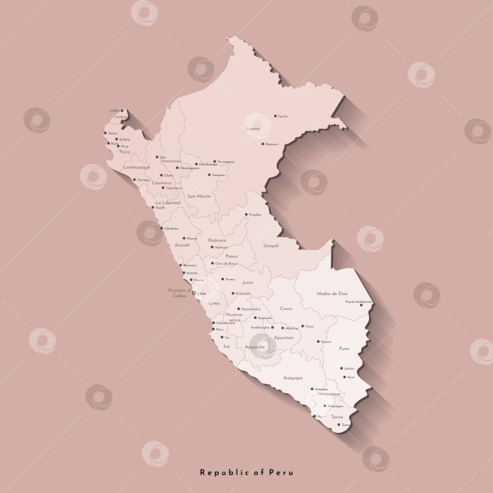 Скачать Векторная современная изолированная иллюстрация. Упрощенная административная карта Перу в модных бежевых тонах. Коричневый фон и контуры. Названия перуанских городов, провинций фотосток Ozero