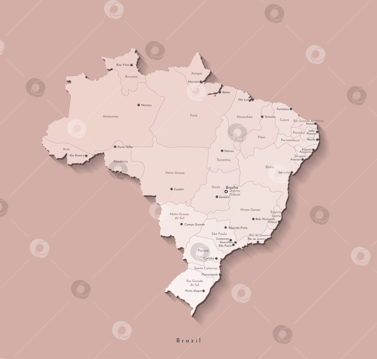 Скачать Векторная современная изолированная иллюстрация. Упрощенная административная карта Бразилии в бежевых тонах. Названия бразильских городов и штатов Бразилии. Коричневый фон. фотосток Ozero
