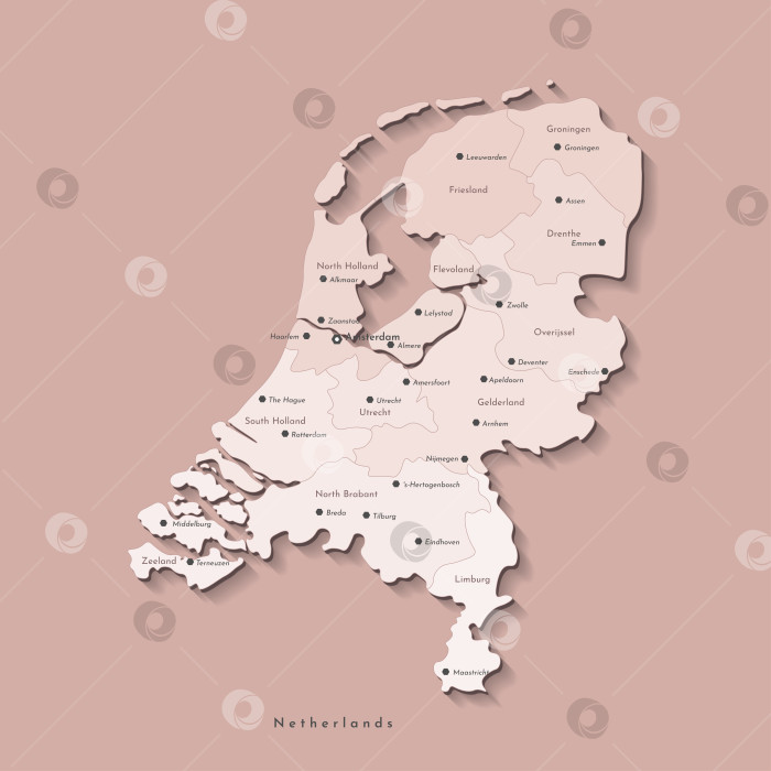 Скачать Векторная изолированная современная иллюстрация. Упрощенная административная карта Нидерландов в бежевых тонах. Названия городов и провинций. Коричневый фон. фотосток Ozero