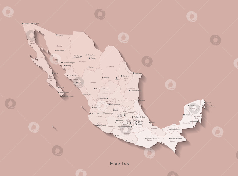 Скачать Векторная изолированная иллюстрация. Упрощенная административная карта Мексики, Мексиканских Соединенных Штатов. Бежевые очертания регионов на коричневом фоне. Названия мексиканских городов и штатов фотосток Ozero