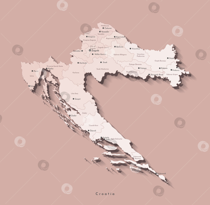 Скачать Векторная современная изолированная иллюстрация. Упрощенная административная карта Хорватии в бежевых тонах. Коричневый фон. Названия хорватских городов и округов, областей фотосток Ozero