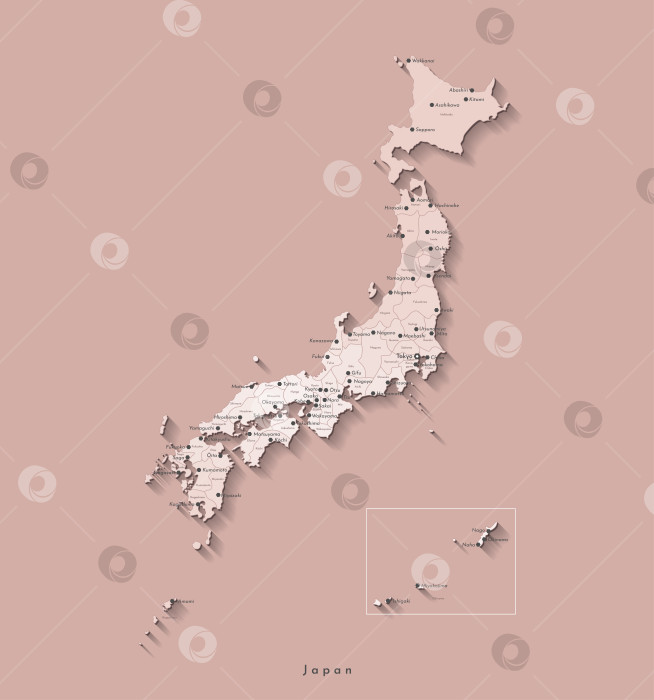Скачать Векторная изолированная иллюстрация. Упрощенная административная карта Японии. Бежевые очертания регионов. Названия японских городов и префектур. Коричневый фон фотосток Ozero
