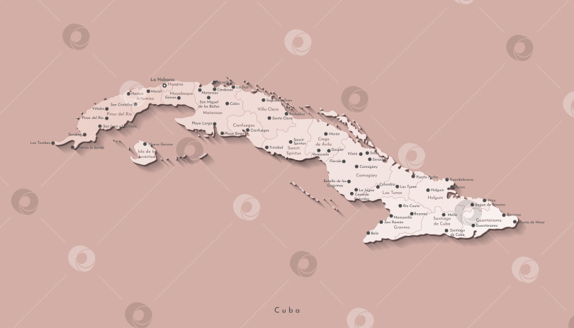 Скачать Векторная иллюстрация. Упрощенная географическая карта Кубы в бежевых тонах. Коричневый фон. Названия городов и провинций. фотосток Ozero