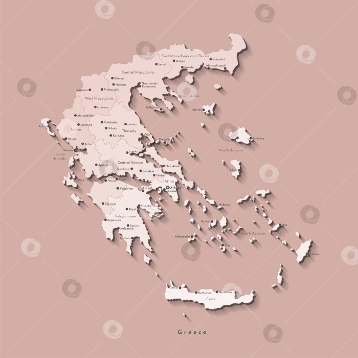 Скачать Векторная изолированная иллюстрация. Упрощенная административная карта Греции, Греческая Республика. Бежевые фигуры на коричневом фоне. Названия греческих городов и регионов фотосток Ozero