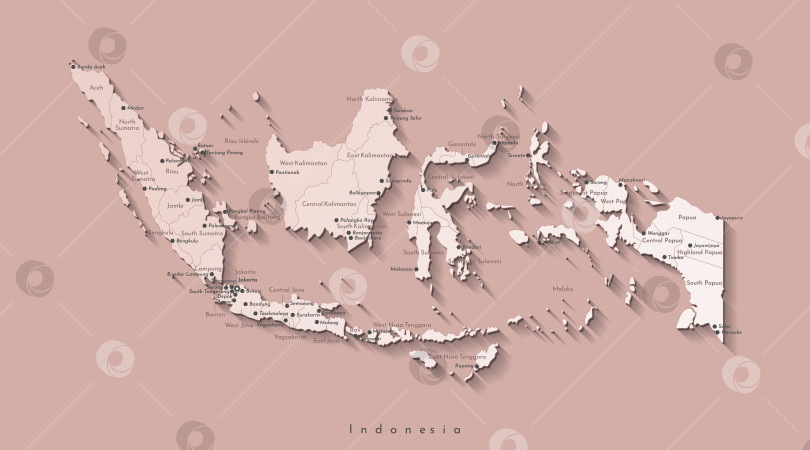 Скачать Векторная изолированная иллюстрация упрощенной административной карты Индонезии. Границы и названия провинций, названия крупных городов. Бежевые очертания островов на коричневом фоне фотосток Ozero