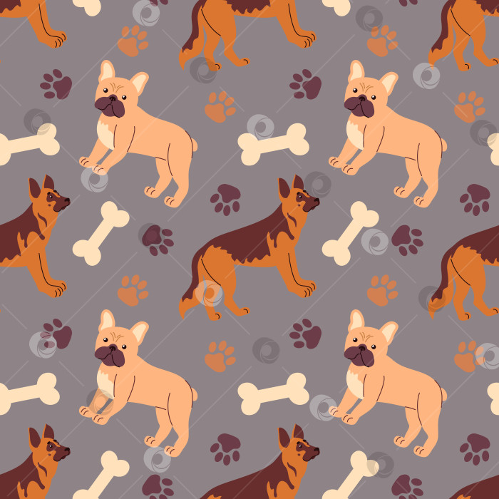 Скачать Бесшовный векторный узор с отпечатками лап овчарки и французского бульдога с разбросанными костями в чистом монохромном стиле идеально подходит для текстиля, упаковки и дизайна на тему домашних животных. фотосток Ozero