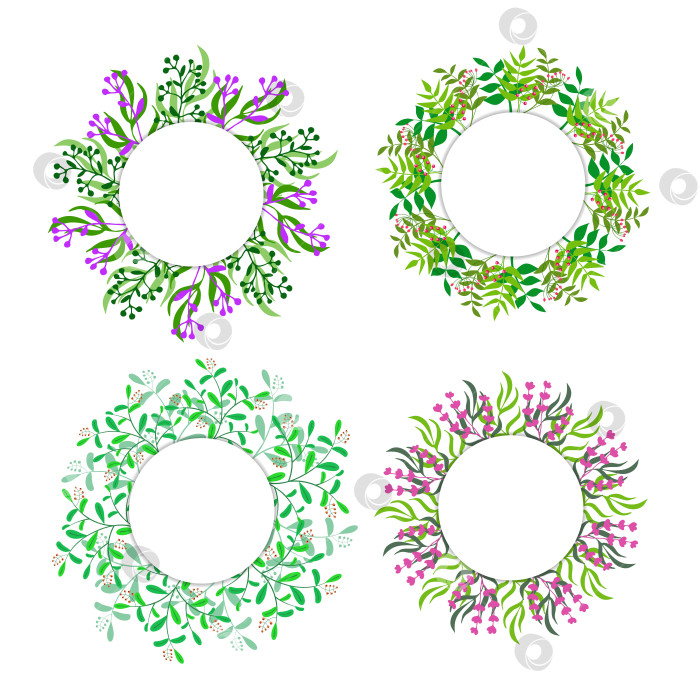 Скачать Круглые венки из листьев и ягодных веточек. Простая и пышная рамка. Набор из 4 шаблонов. фотосток Ozero