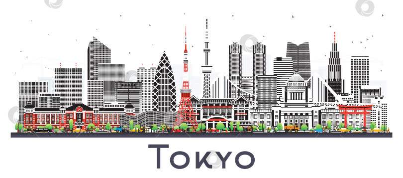 Скачать Токио, японский городской пейзаж с цветными зданиями, выделяющимися на белом фоне. Иллюстрация. Городской пейзаж Токио с достопримечательностями. Концепция деловых поездок и туризма с современной и исторической архитектурой. фотосток Ozero